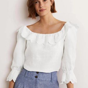 Boden Square Neck Frill Linen Blouse 14 White Large